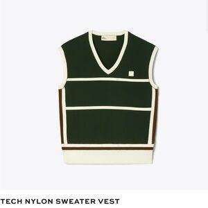 Tory Burch tech Nylon  V-Neck Sweater Vest - Forest Green and White